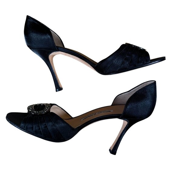 Manolo Blahnik Sedaraby Black Satin Crystal Heels Shoes Size 38.5 - Picture 8 of 11